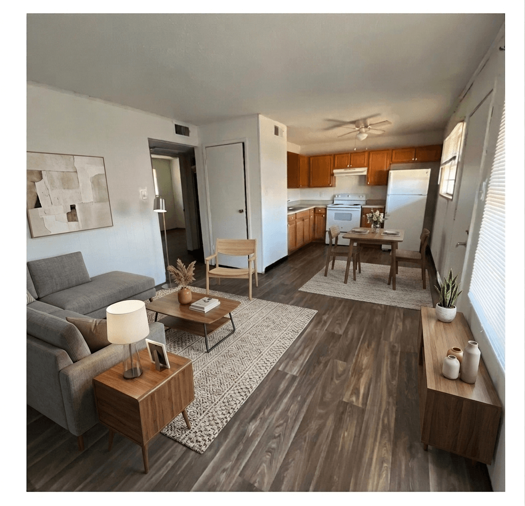 A living room with a grey couch, a wooden coffee table, and a kitchen area in the background.